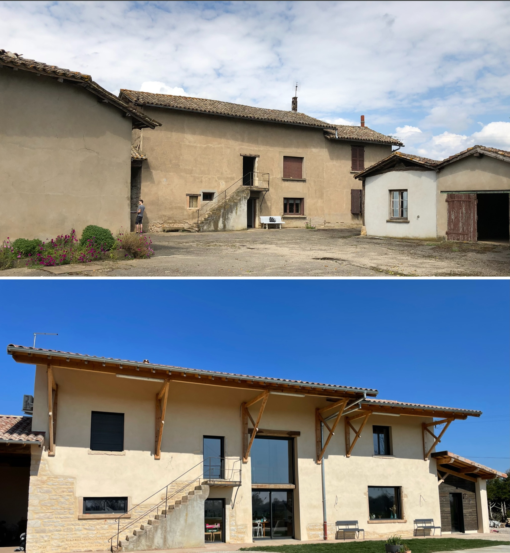 Avant et après la rénovation du corps de ferme en pisé